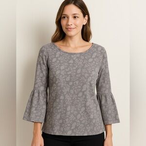 LC Lauren Conrad Floral Bell Sleeve Knit Top Gray L